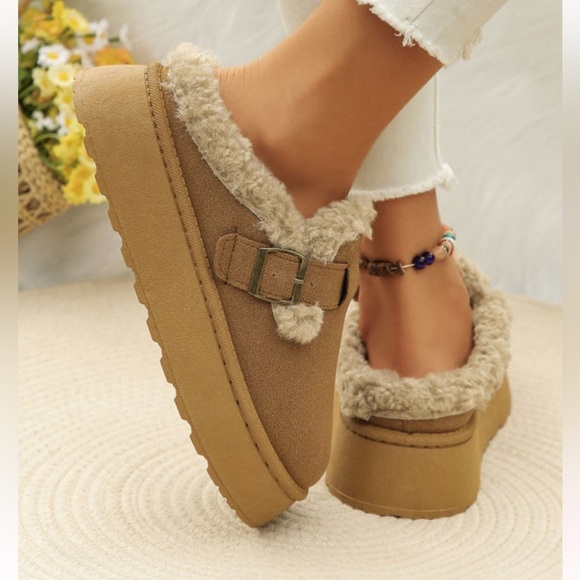 Brown Plush Buckle Slip On Shoes with Platform Indoor/Outdoor Slippers - Picture 6 of 8